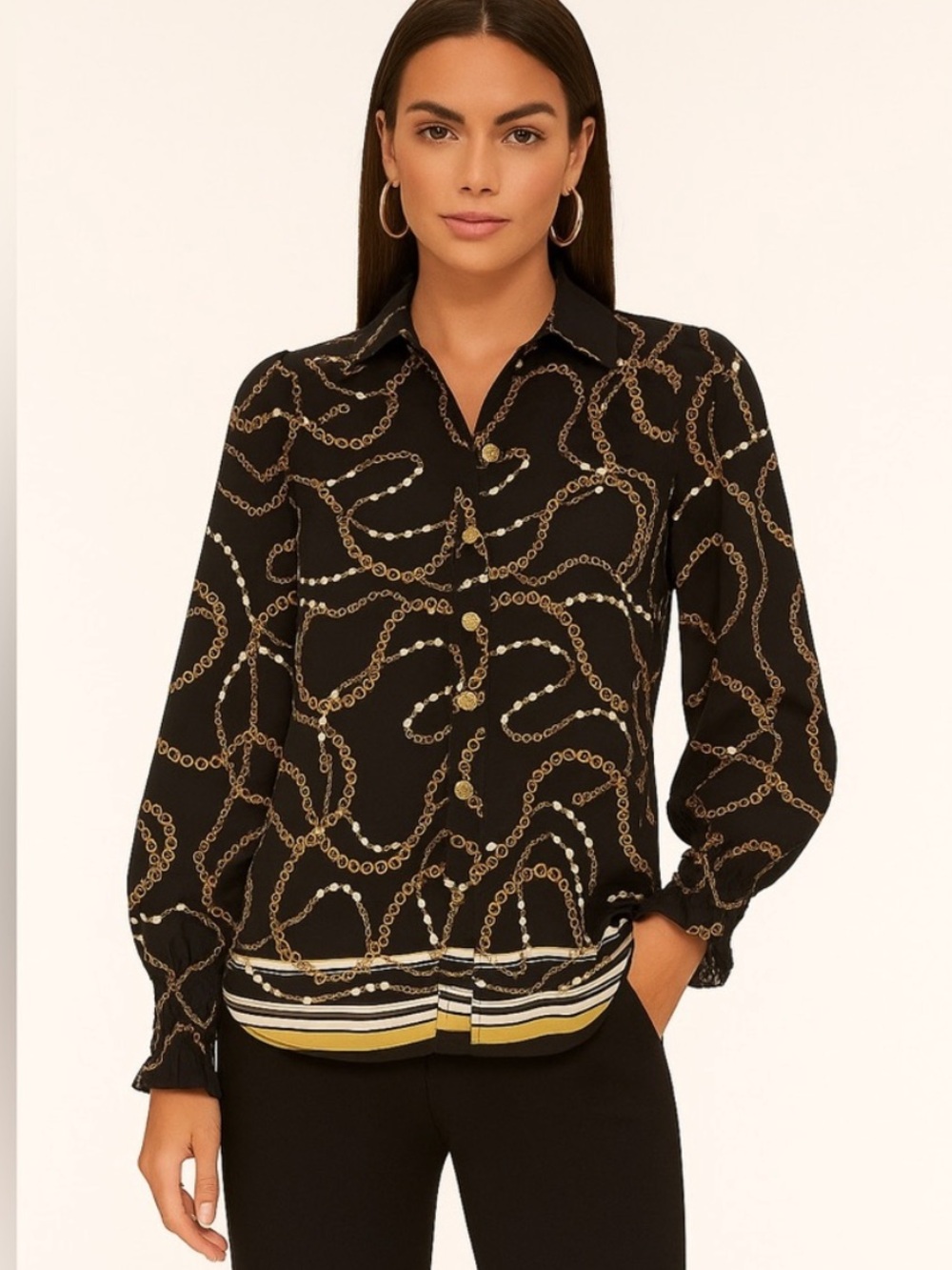 NWT Como Black Chain-Print and Pearls Button-Front Blouse in Black Gold White S